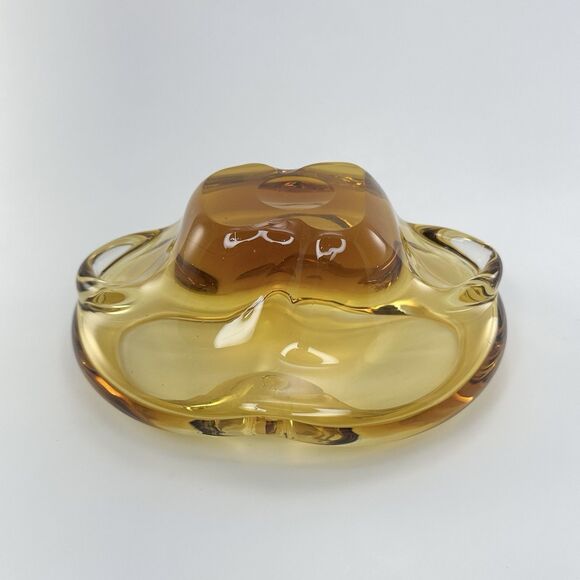 Vintage Amber Art Glass Ashtray Mid Century Modern Claude Lorraine Style - Picture 7 of 11